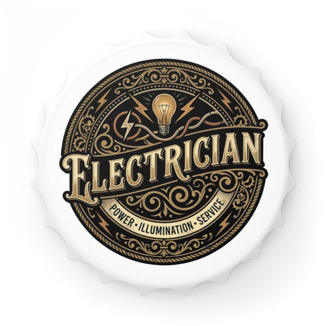 Decorative bottle opener for an electrician with vintage-style text and symbols on a white background.