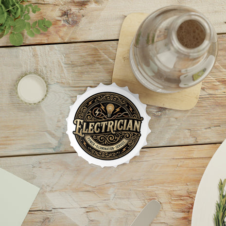 Bottle Opener with 'Electrician' design on a wooden table with a glass of water.