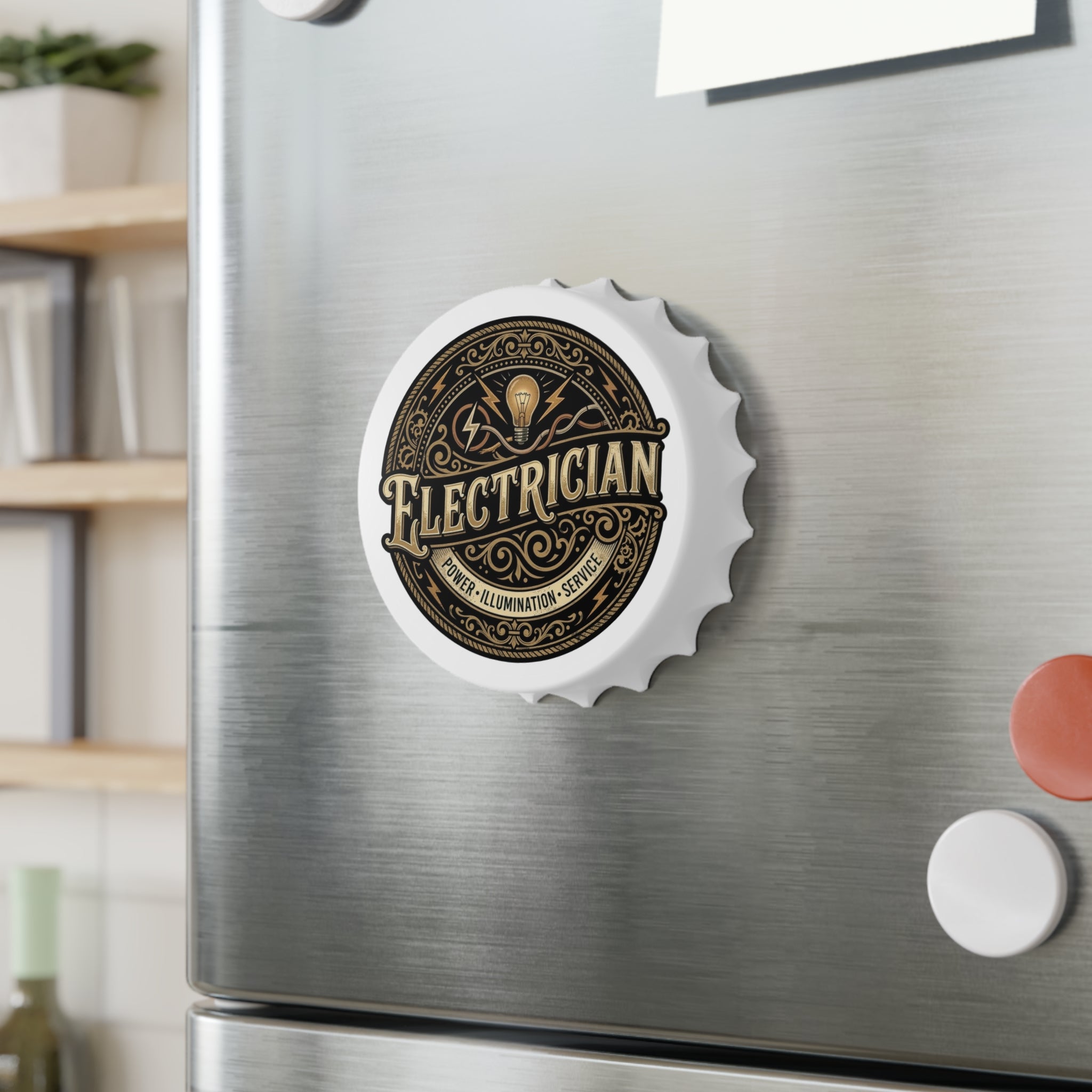 Bottle Opener Magnet with 'Electrician' design on a refrigerator door