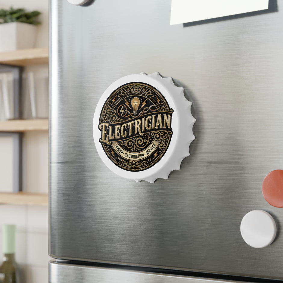 Bottle Opener Magnet with 'Electrician' design on a refrigerator door