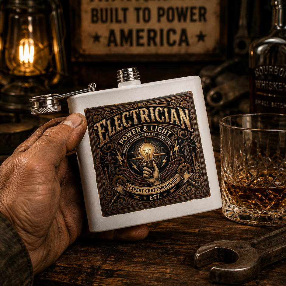 Electrician Licensed & Bonded Flask – 6oz Stainless Steel Hip Flask (Power • Lighting • Repairs) - DCA0421