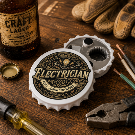 A bottle-cap-style novelty container labeled 'Electrician' sits on a rustic wooden workbench with tools and wiring props around it. A Craft Lager beer bottle is visible in the background, but the main sold item appears to be the electrician bottle-cap container.
