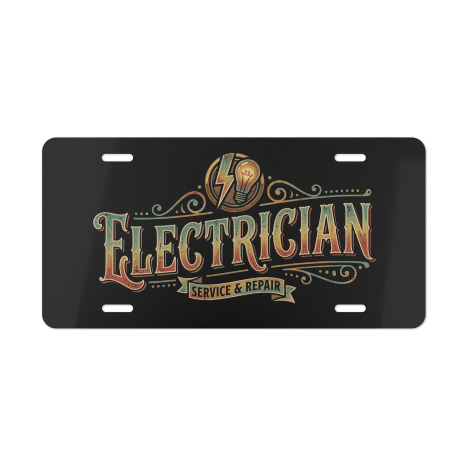 License plate with 'Electrician Service & Repair' text and design on a black background