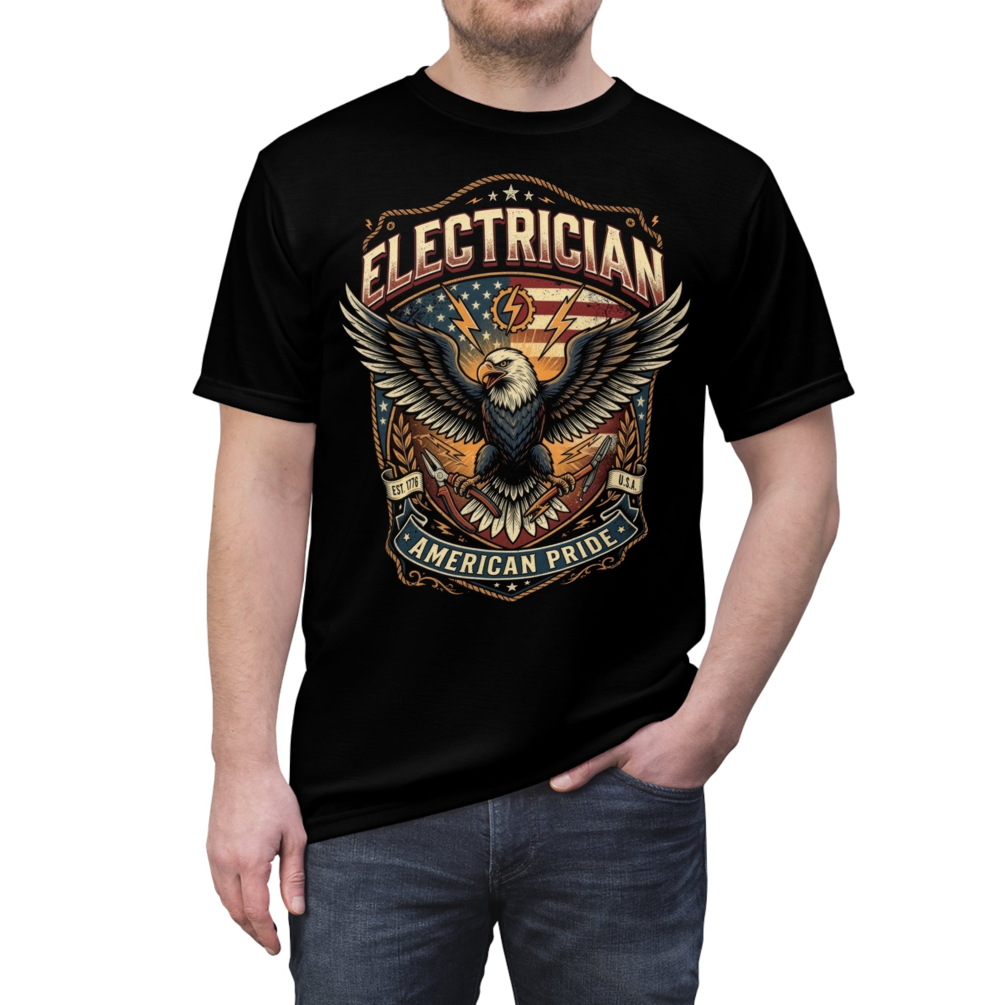 Black t-shirt with an eagle graphic and 'Electrician American Pride' text on a white background