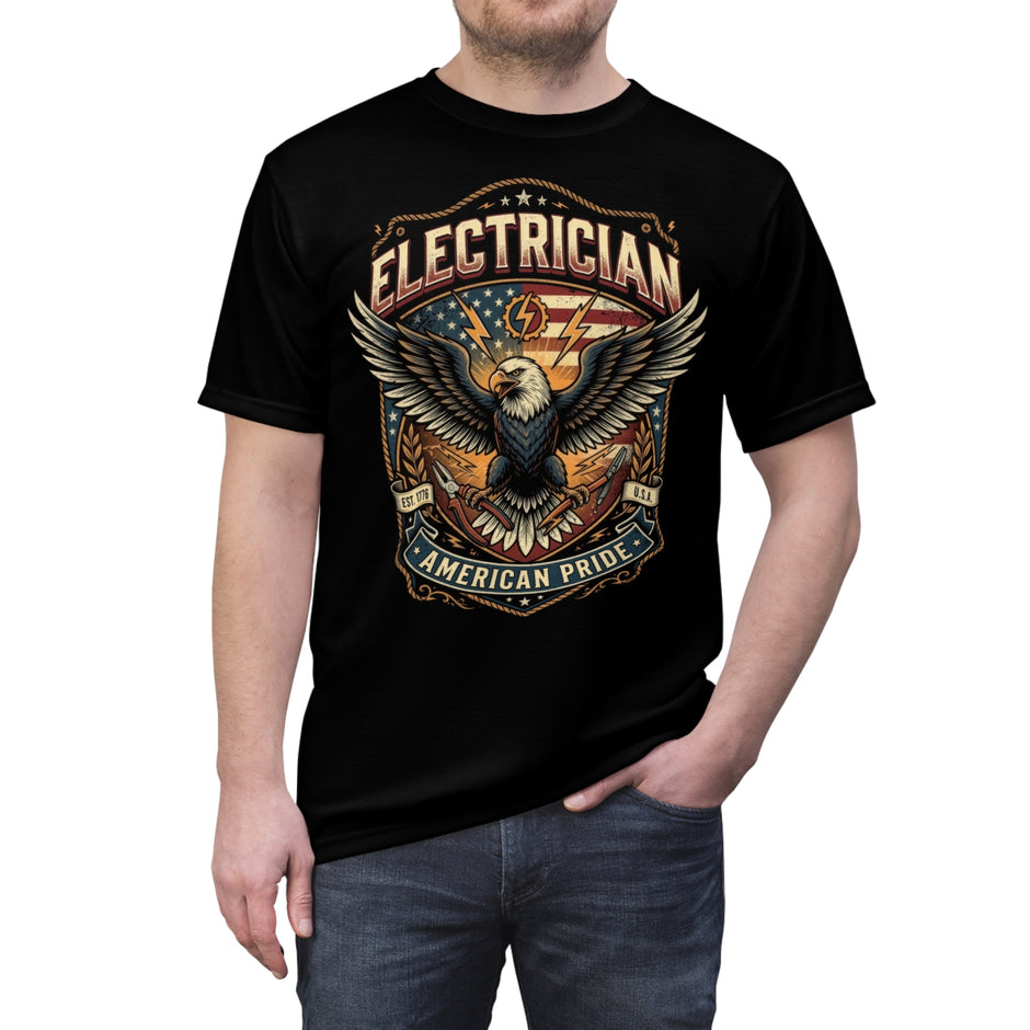 Black t-shirt with an eagle graphic and 'Electrician American Pride' text on a white background