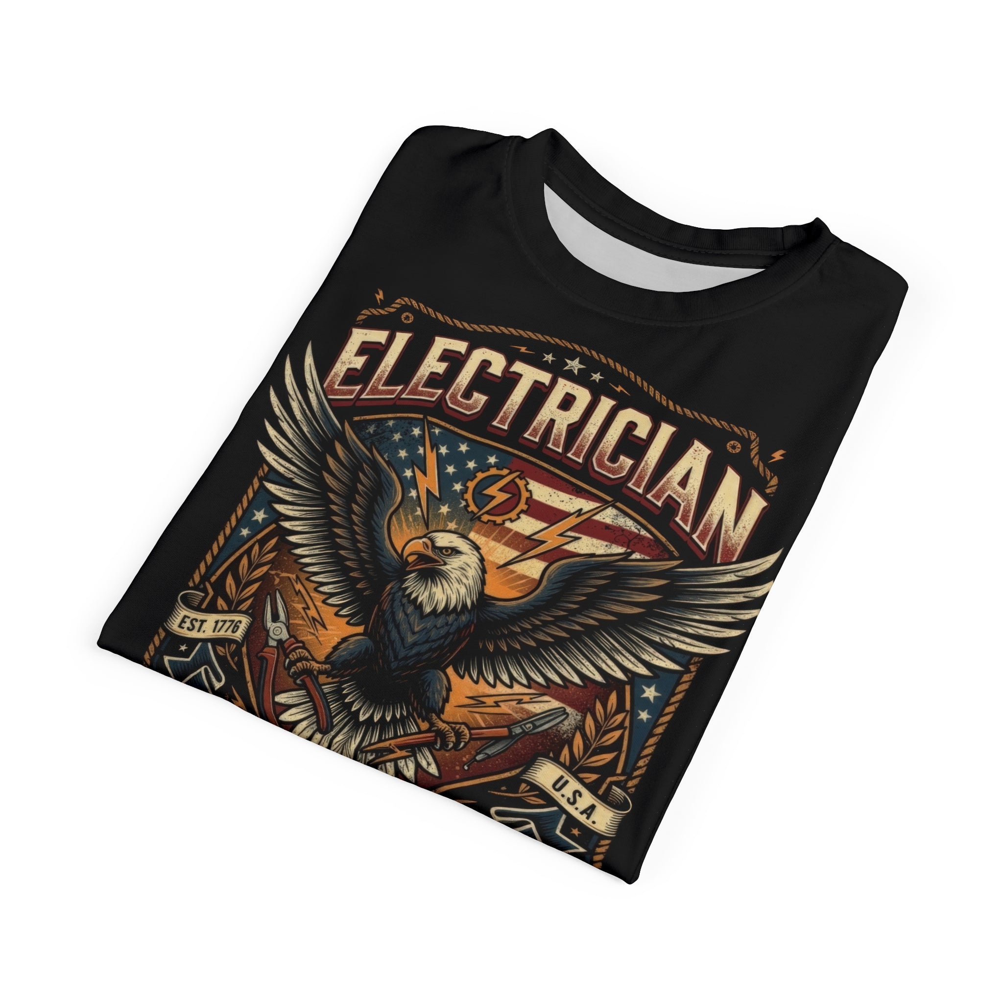 Black Electrician t-shirt with an eagle graphic and 'Electrician' text on a white background