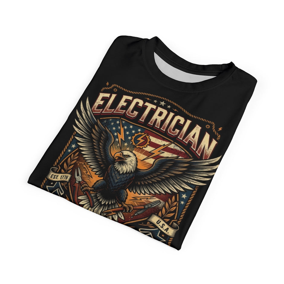 Black Electrician t-shirt with an eagle graphic and 'Electrician' text on a white background