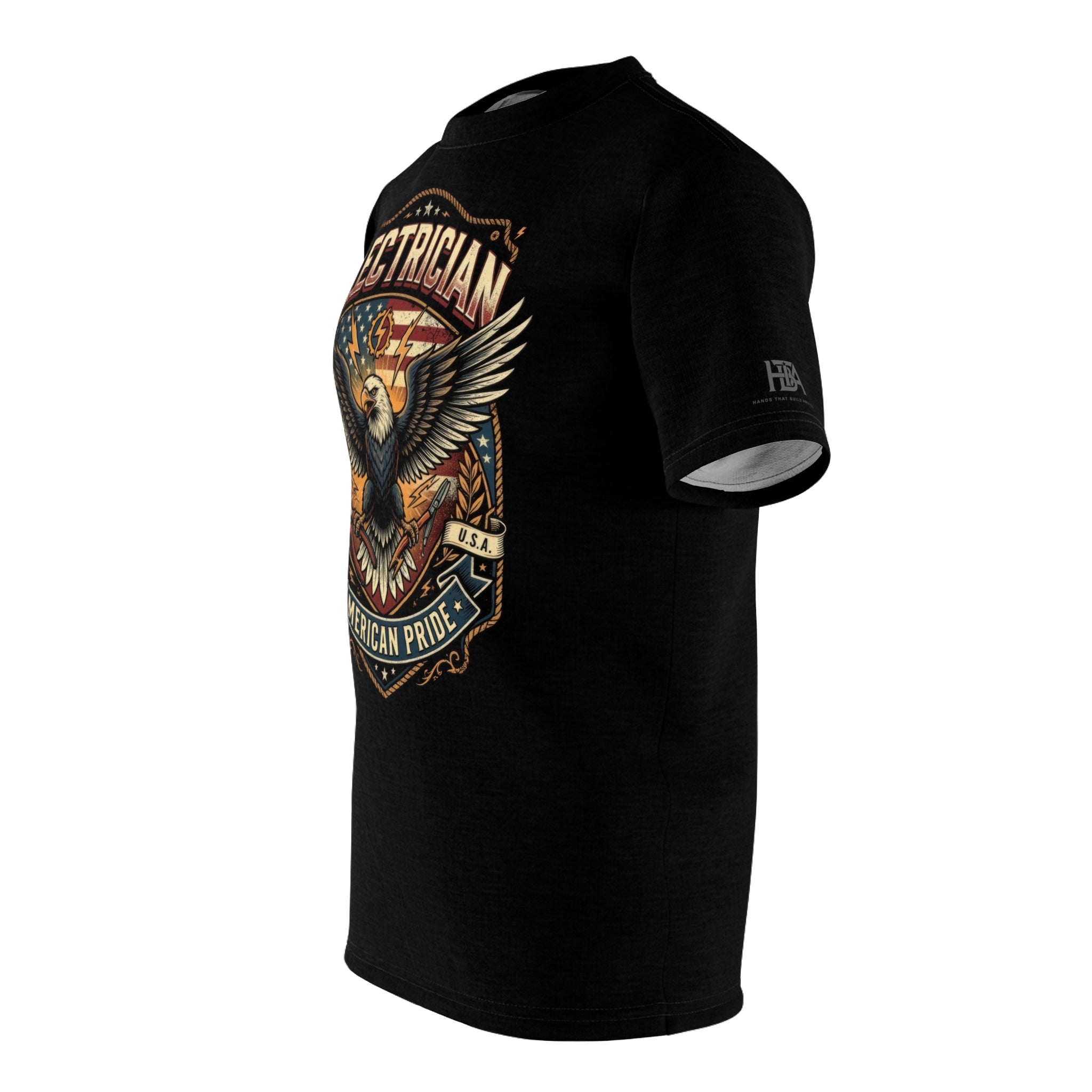 T-shirt with eagle graphic on front and HTBA Logo on sleeve on a white background
