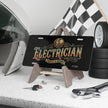 License plate with 'Electrician Service & Repair' text on a stand, surrounded by tools and a helmet.