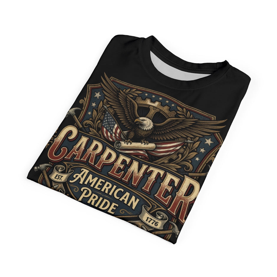 Folded t-shirt with 'Carpenter American Pride' design on a white background