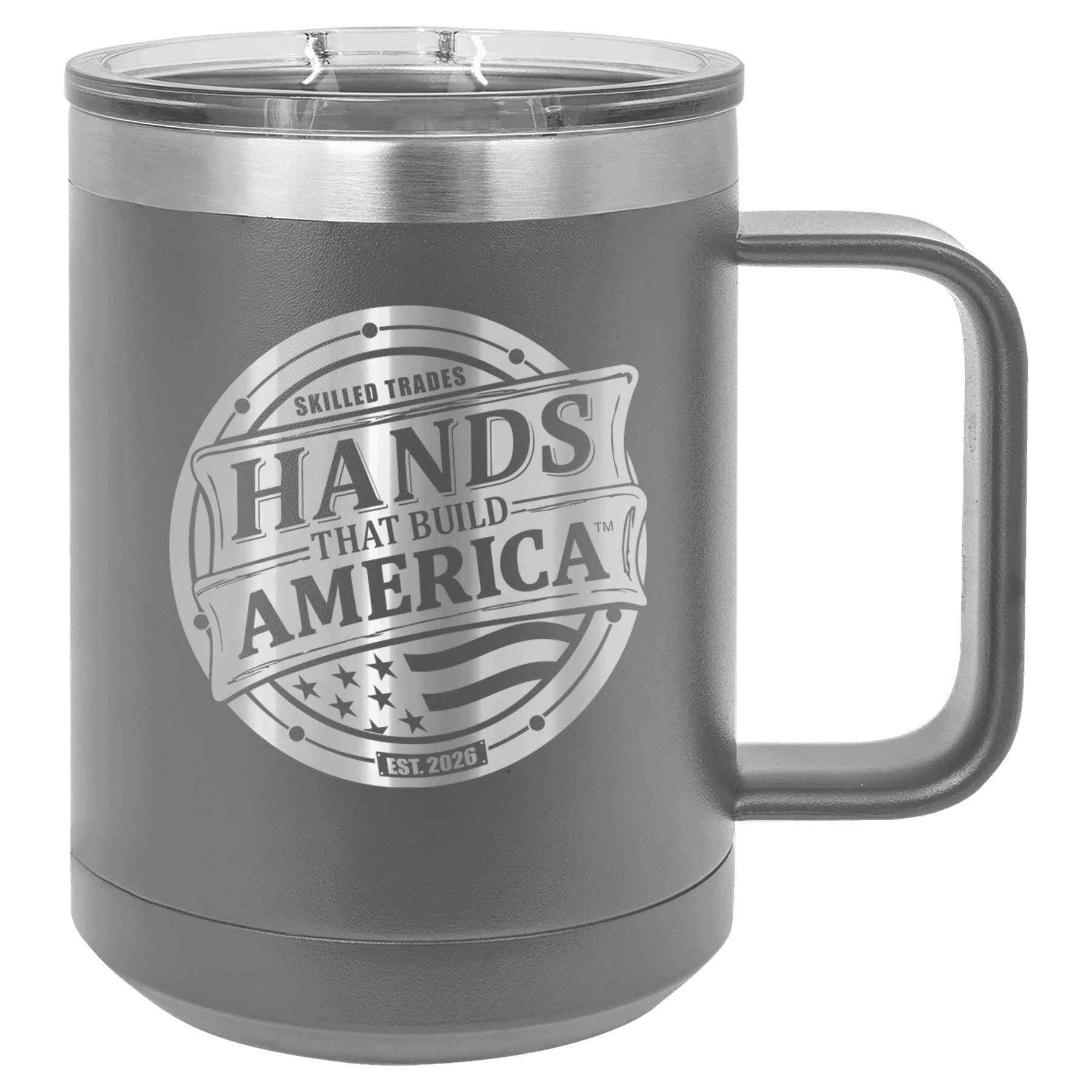 Gray mug with 'Hands That Build America' logo on a checkered background