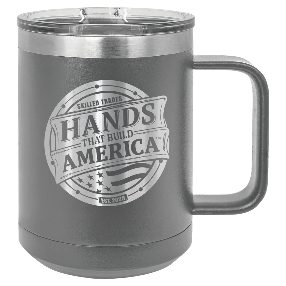 Gray mug with 'Hands That Build America' logo on a checkered background