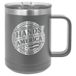 Gray mug with 'Hands That Build America' logo on a checkered background