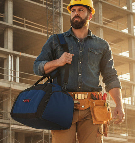 Worker carrying duffel bag with "HTBA' branding on construction site background