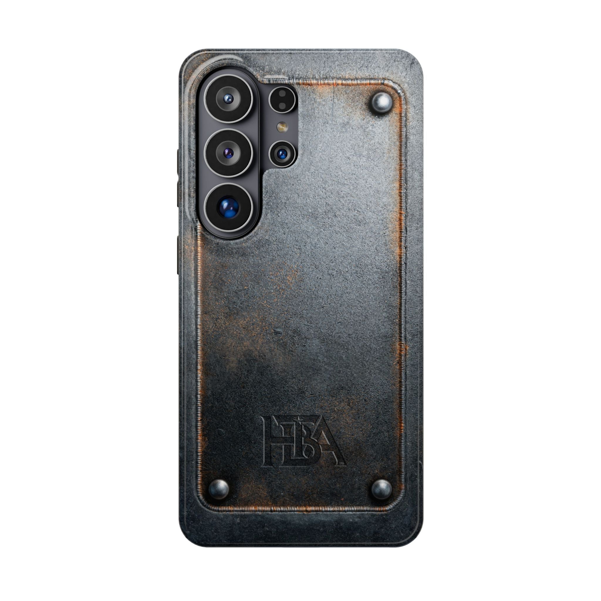 Phone case with a textured brown back and 'HTBA' logo on a white background