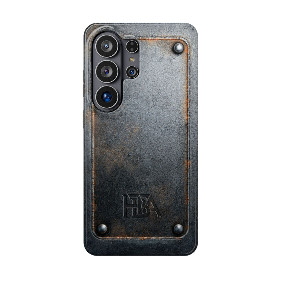 Phone case with a textured brown back and 'HTBA' logo on a white background