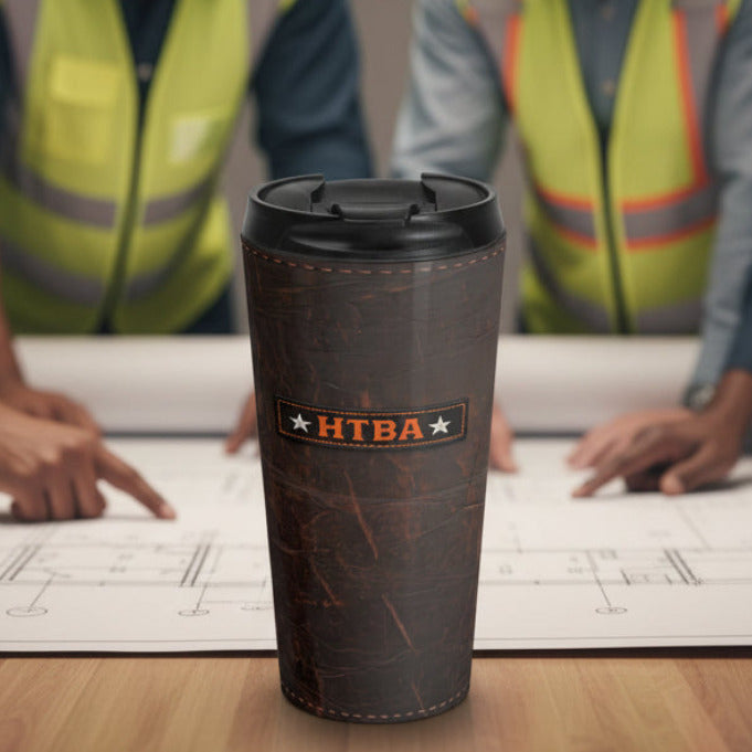 HTBA - Leather style stainless steel  travel mug with professional contactors in the background