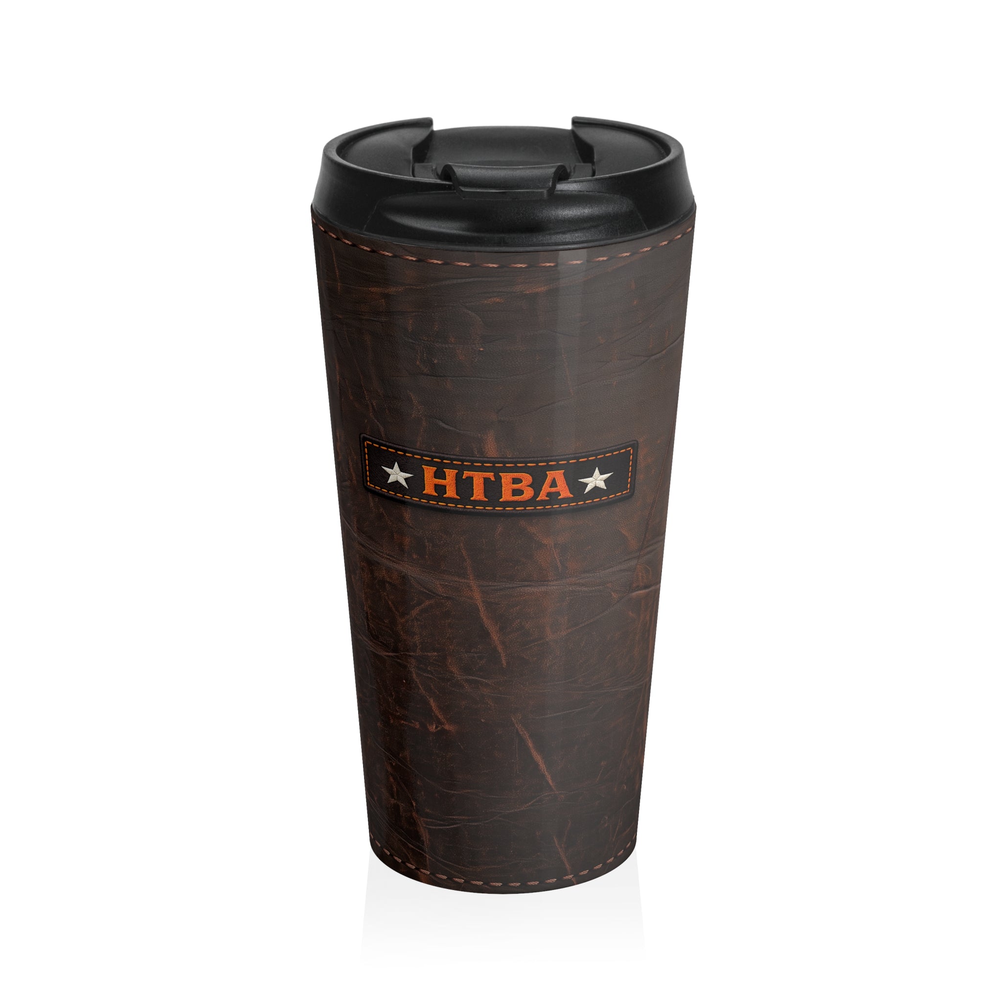 HTBA leather style travel mug on white background