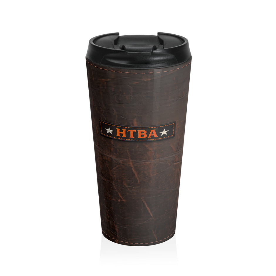 HTBA leather style travel mug on white background