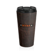HTBA leather style travel mug on white background
