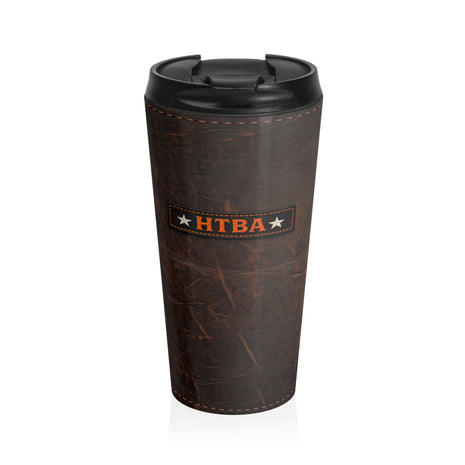 HTBA leather style travel mug on white background