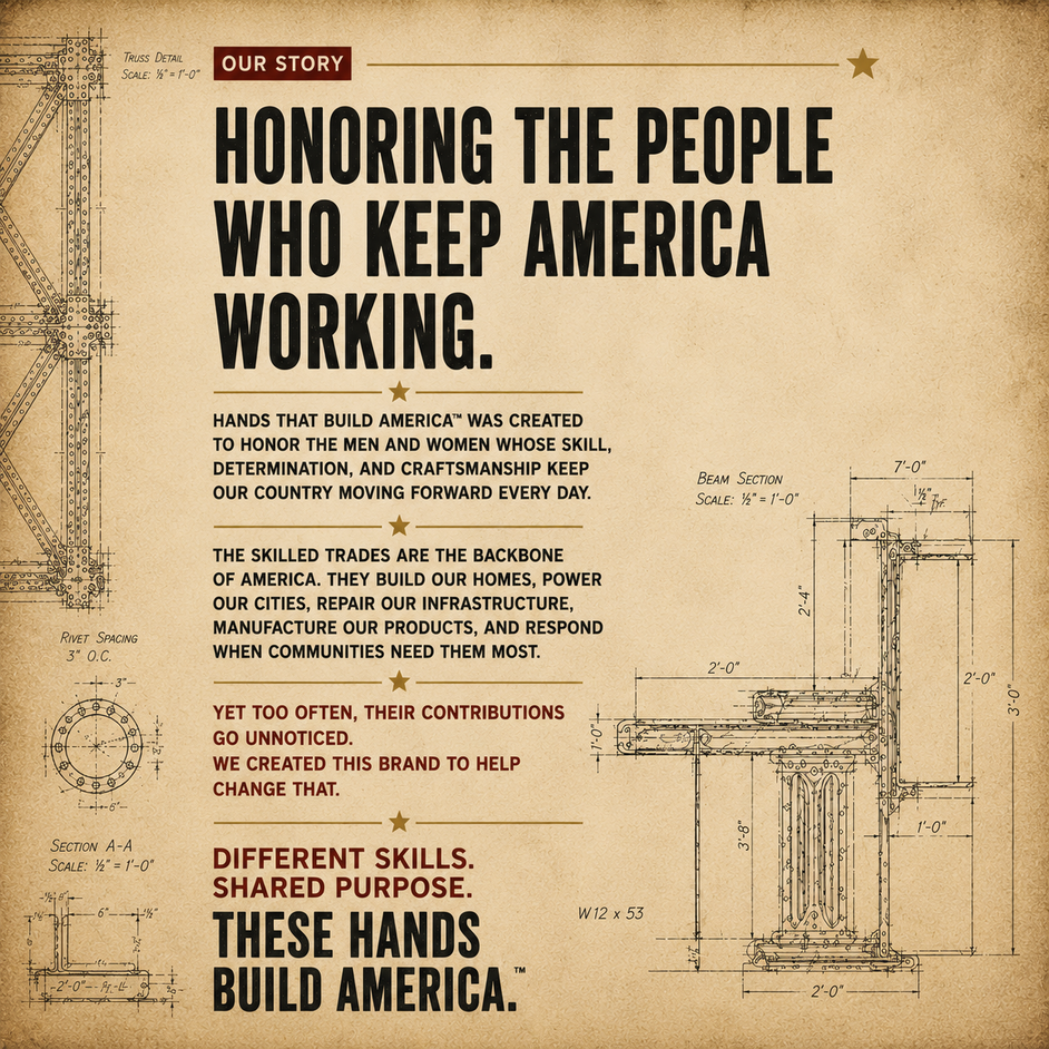 Hands That Build America was created to honor the men and women whose skill determination and craftmanship keep our country moving forward every day.  Skilled trades. 