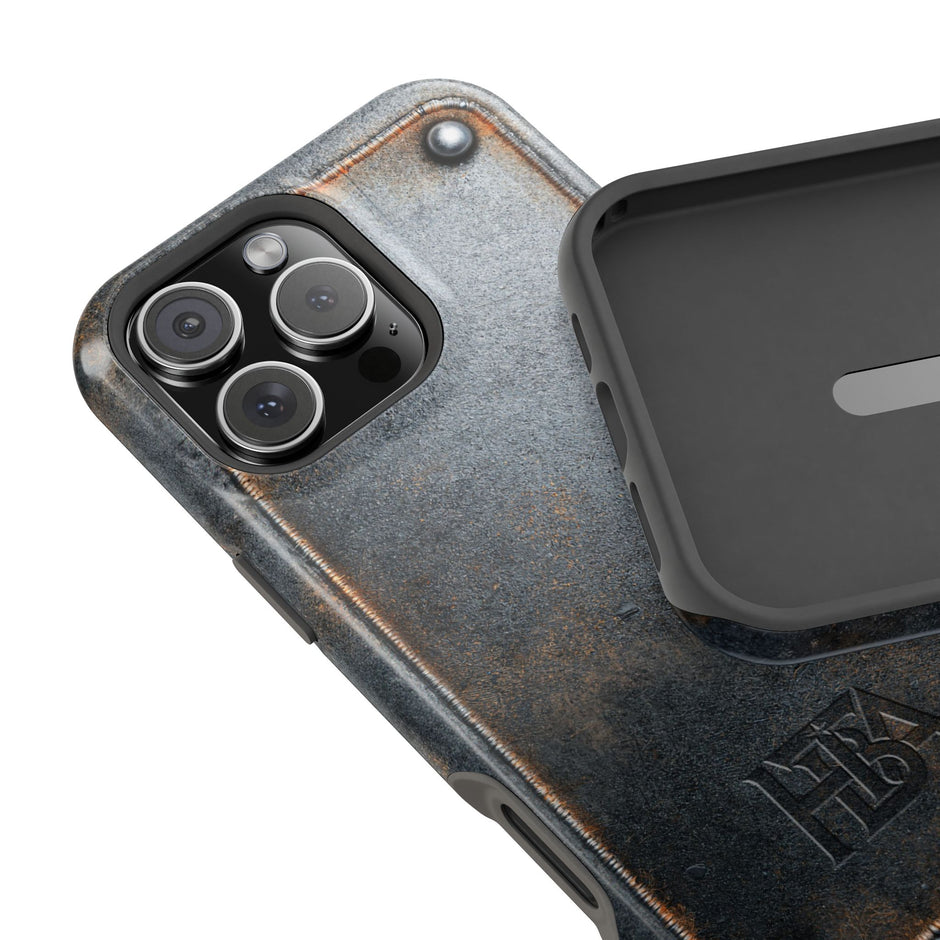Inside view of phone case with 'HTBA logo on white background