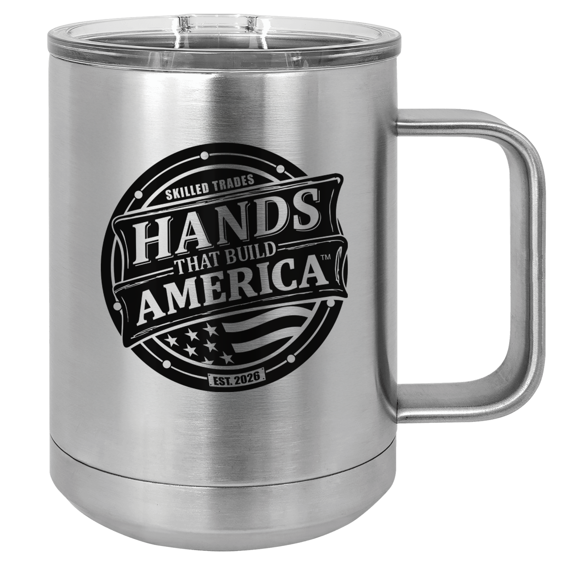 Stainless steel mug with 'Hands That Build America' logo on a white background