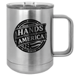 Stainless steel mug with 'Hands That Build America' logo on a white background