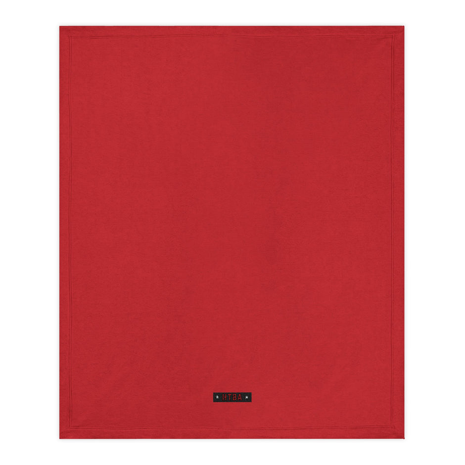 Red Throw Blanket with HTBA brand label on a white background