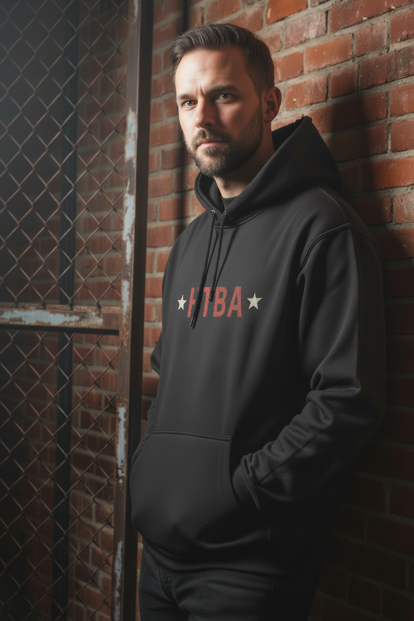 Man wearing a black hoodie with 'TBA' logo against a brick wall.