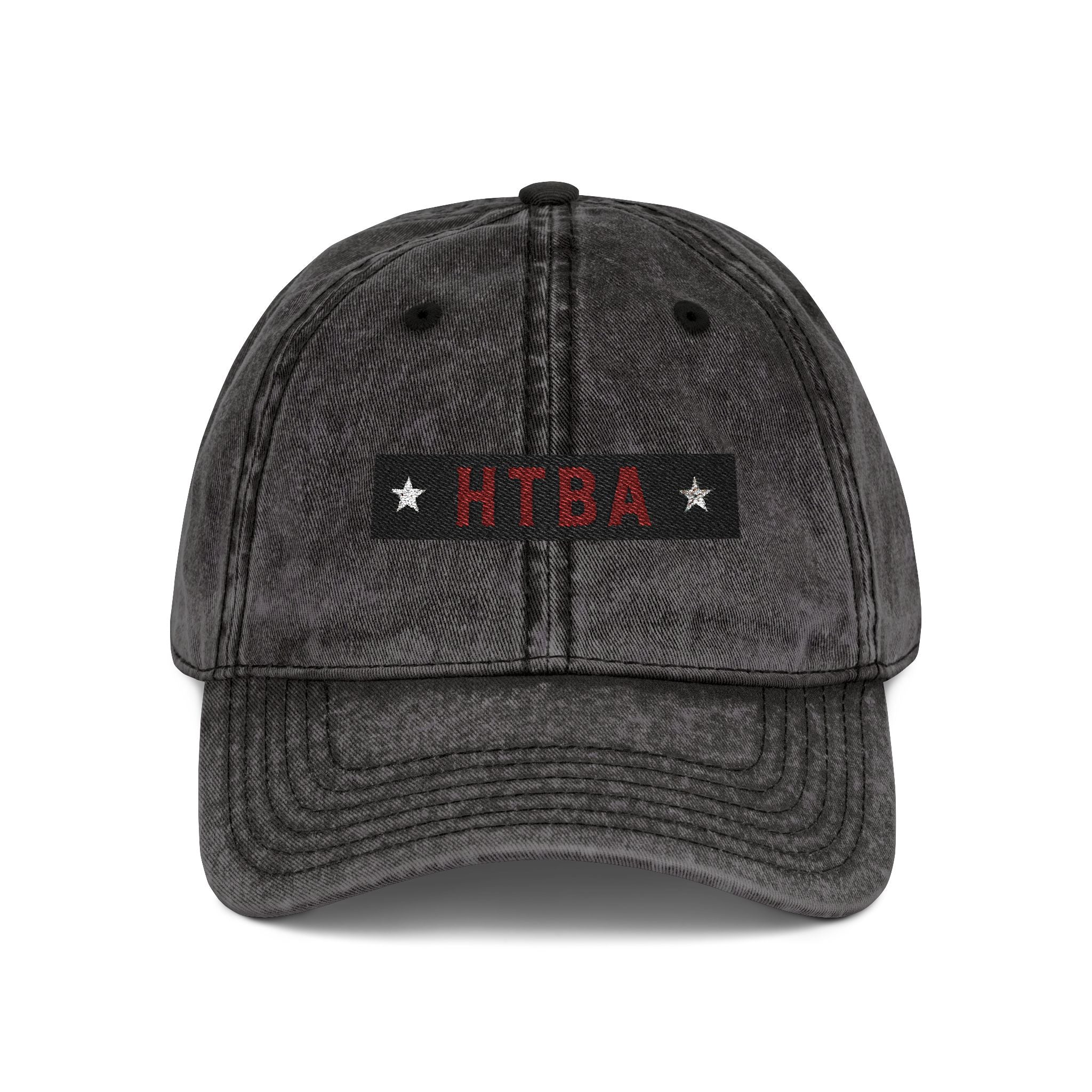 Black distressed cap with 'HTBA' logo on a white background