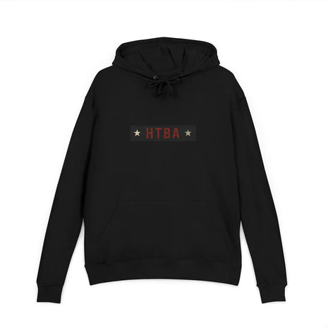 Black hoodie with 'HTBA' logo on front side on a white background