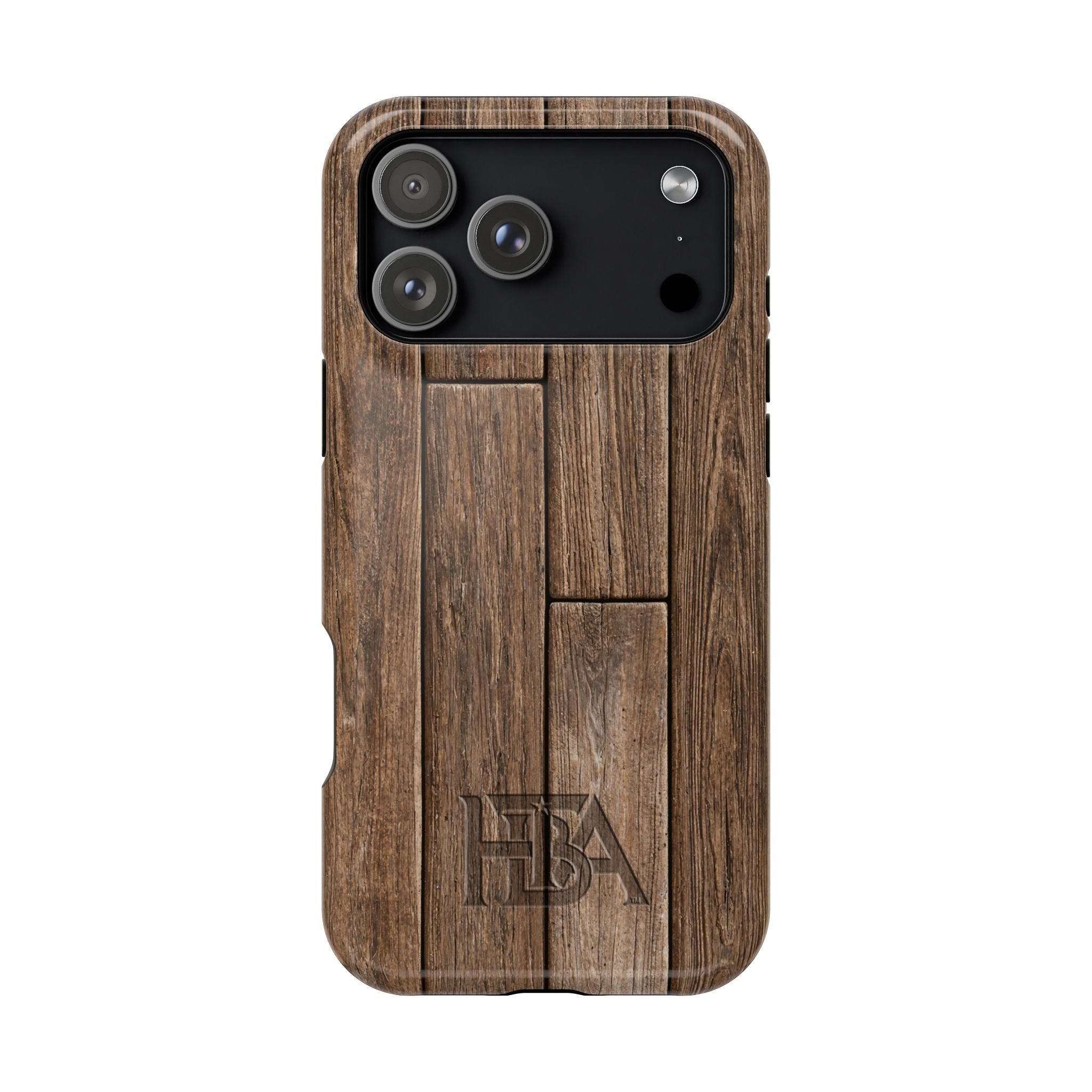 Wooden phone case with 'HTBA' branding on a white background