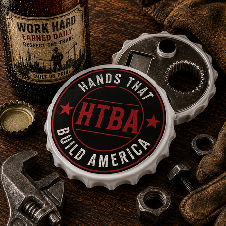 A bottle-cap-style bottle opener with a circular black, red, and white emblem reading “HANDS THAT BUILD AMERICA” and “HTBA,” displayed on a wooden workbench with wrenches, nuts, gloves, and a beer bottle nearby.