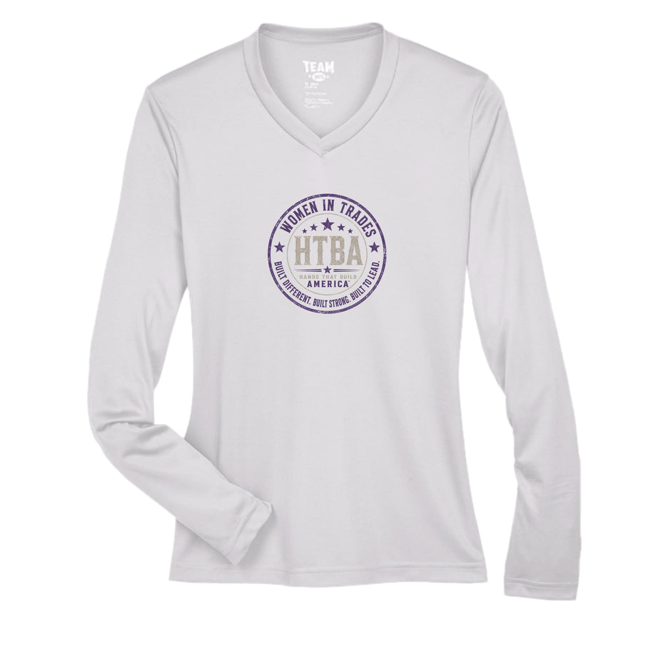 WHITE -HTBA Women in Trades Medallion Long Sleeve V-neck Shirt