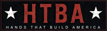 A rectangular graphic with a black background, distressed red letters reading 'HTBA' in the center, two white stars on either side, and the phrase 'HANDS THAT BUILD AMERICA' in white along the bottom.