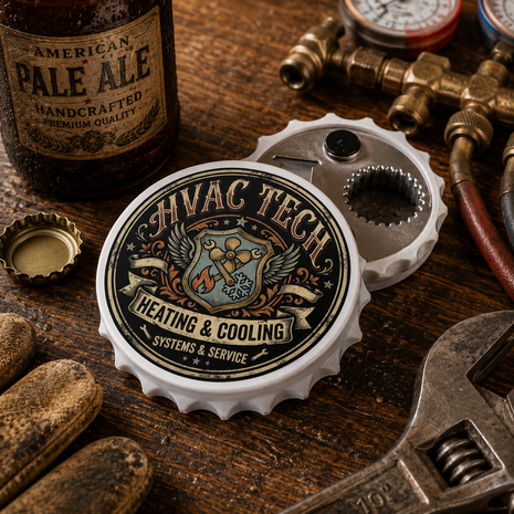 A bottle-cap-shaped tool with a printed HVAC Tech logo and a built-in bottle opener slot, shown on a rustic wooden workbench with tools and a beer bottle nearby.