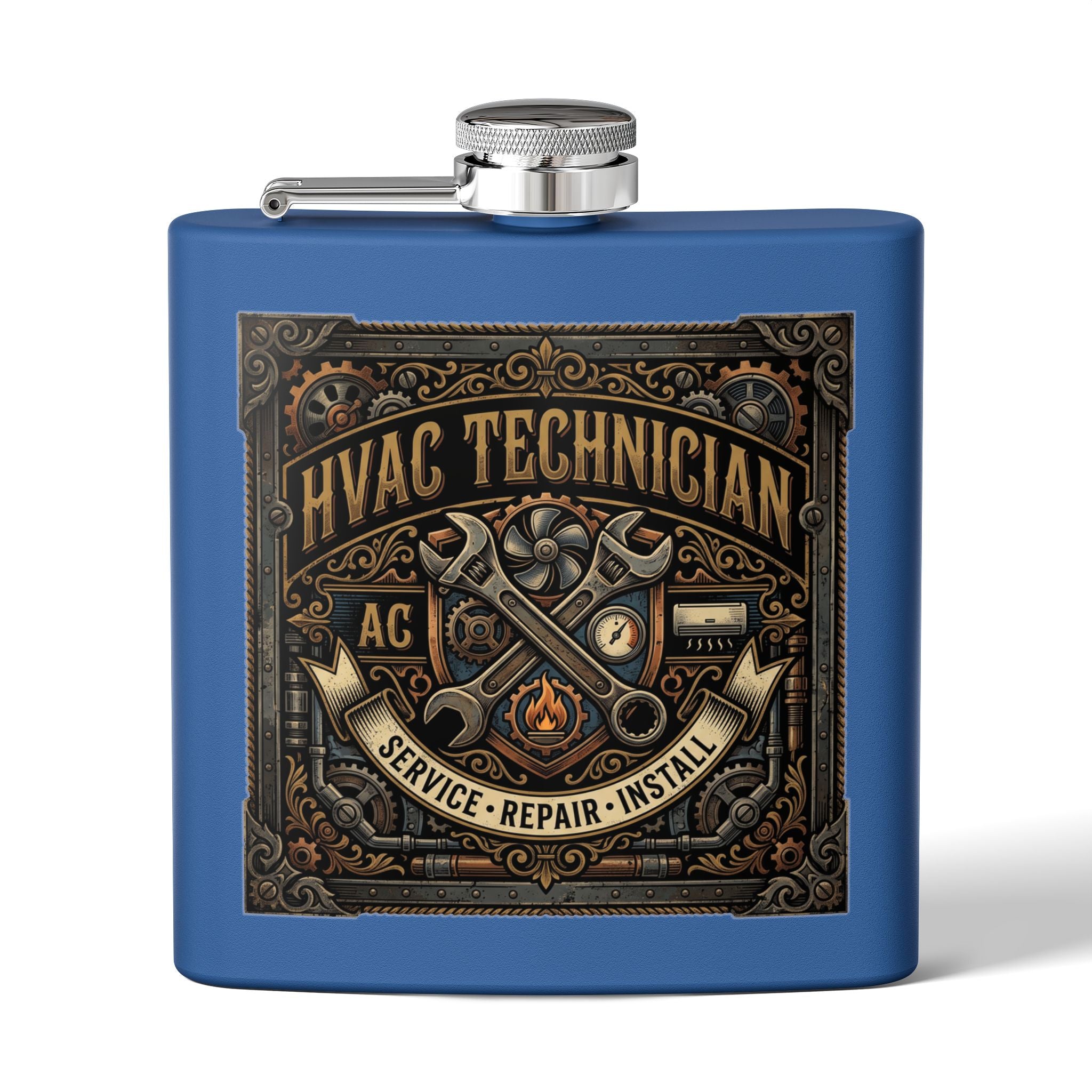 A blue rectangular flask with a silver screw-top lid and side spout, featuring a large decorative front graphic that reads 'HVAC TECHNICIAN' with crossed wrenches, gears, and the words 'SERVICE • REPAIR • INSTALL'.
