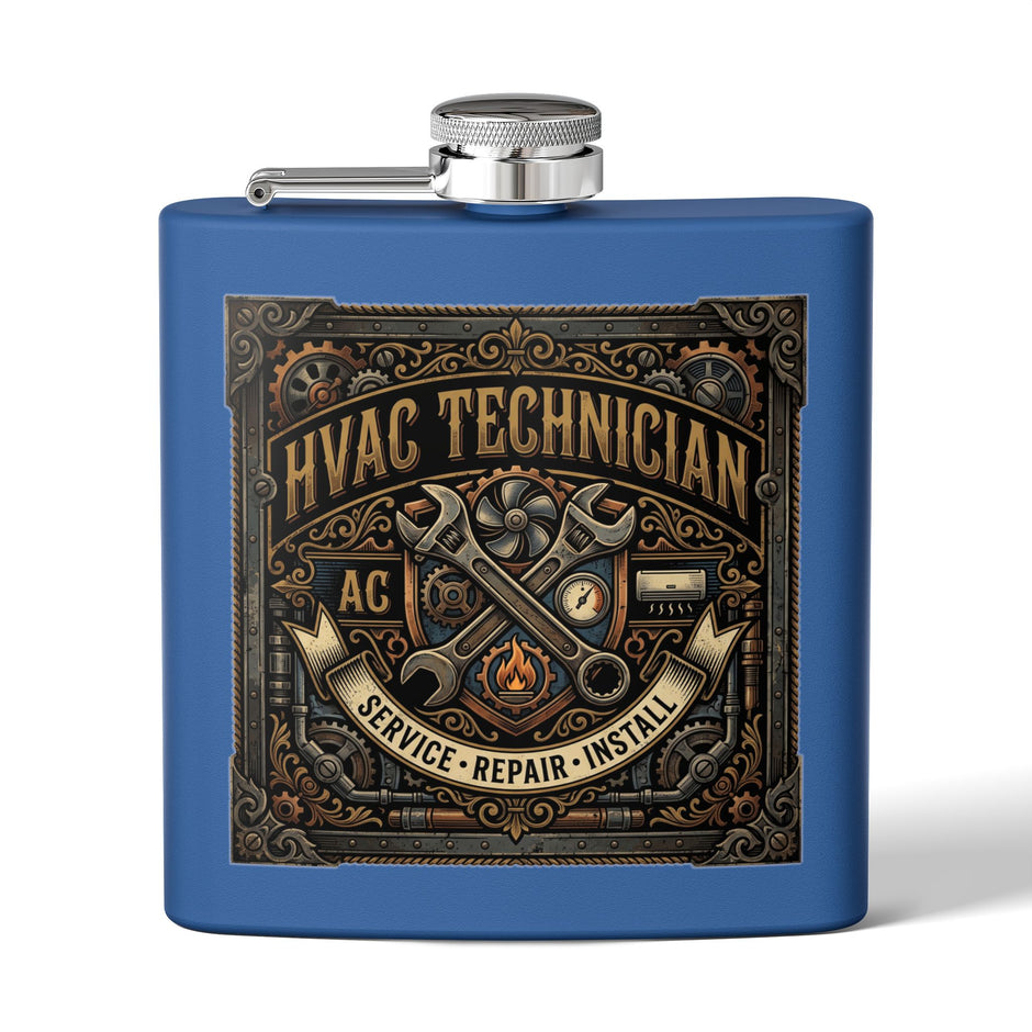 A blue rectangular flask with a silver screw-top lid and side spout, featuring a large decorative front graphic that reads 'HVAC TECHNICIAN' with crossed wrenches, gears, and the words 'SERVICE • REPAIR • INSTALL'.