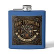 A blue rectangular flask with a silver screw-top lid and side spout, featuring a large decorative front graphic that reads 'HVAC TECHNICIAN' with crossed wrenches, gears, and the words 'SERVICE • REPAIR • INSTALL'.