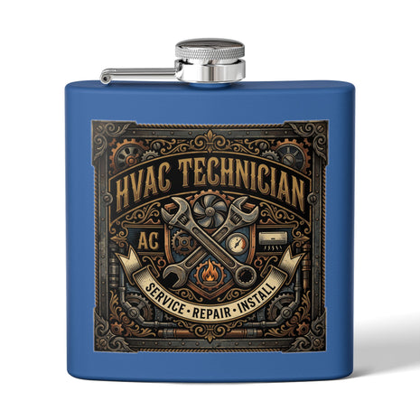 A blue rectangular flask with a silver screw-top lid and side spout, featuring a large decorative front graphic that reads 'HVAC TECHNICIAN' with crossed wrenches, gears, and the words 'SERVICE • REPAIR • INSTALL'.