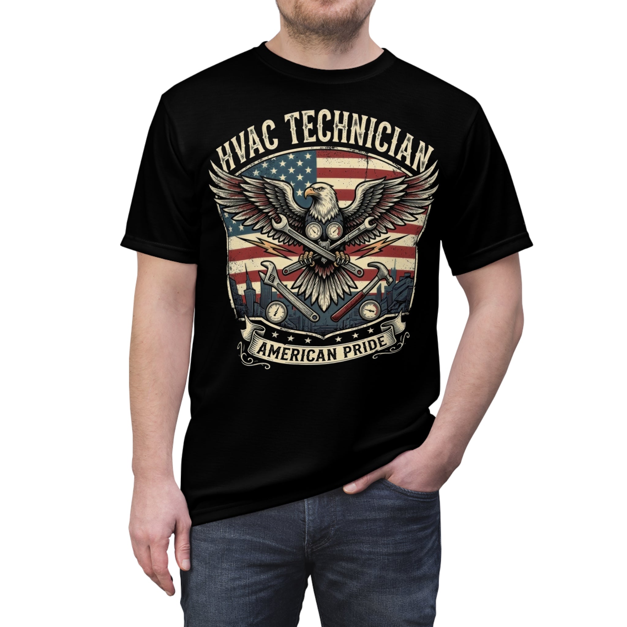 Black t-shirt with HVAC Technician American Pride design featuring an eagle and American flag on a white background.