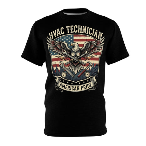 Black t-shirt with HVAC Technician design featuring an eagle and American flag on a white background