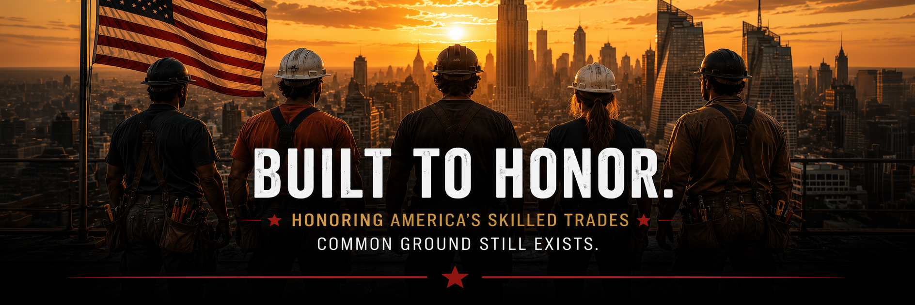 Tradesmen look over a city skyline with the words 