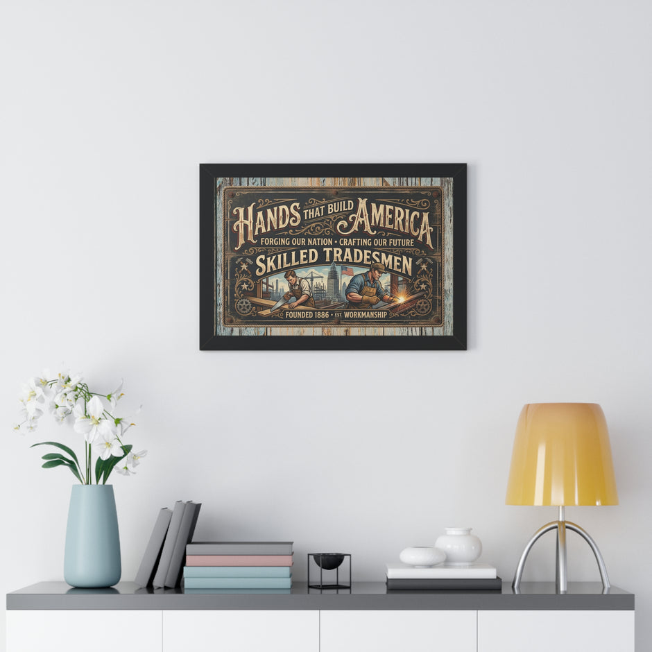 Framed poster on a wall above a shelf with decor items