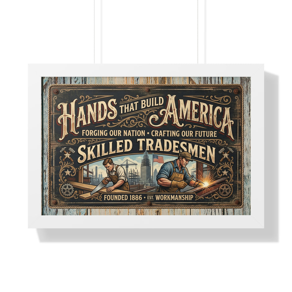 Decorative sign with text 'Hands That Build America' featuring skilled tradesmen illustrations.