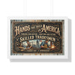 Decorative sign with text 'Hands That Build America' featuring skilled tradesmen illustrations.