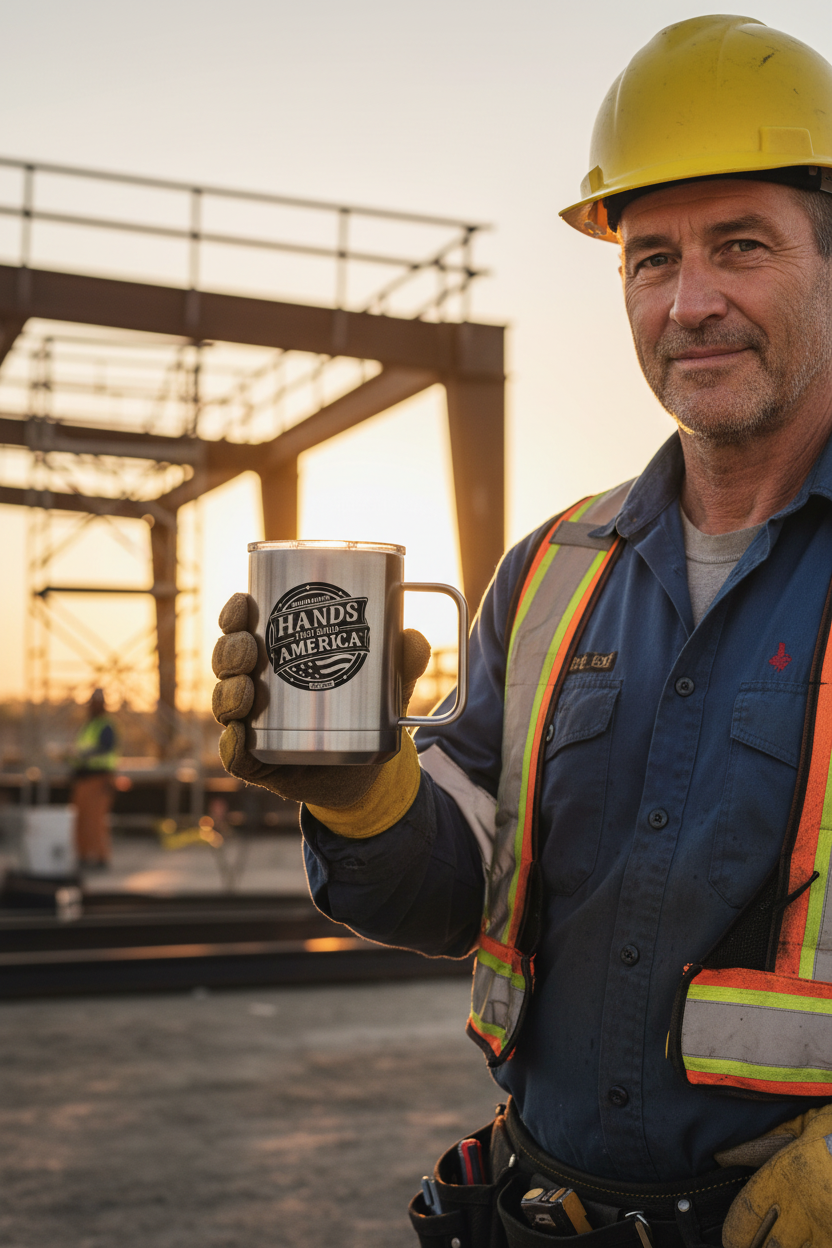 Stainless steel mug with 'Hands That Build America' logo on a jobsite background