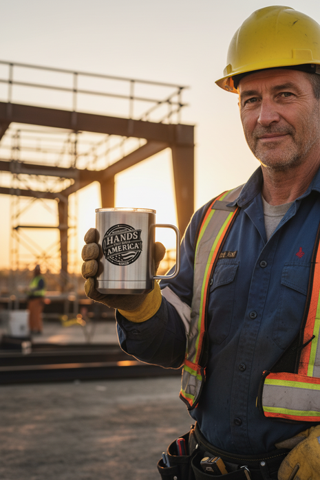 Stainless steel mug with 'Hands That Build America' logo on a jobsite background